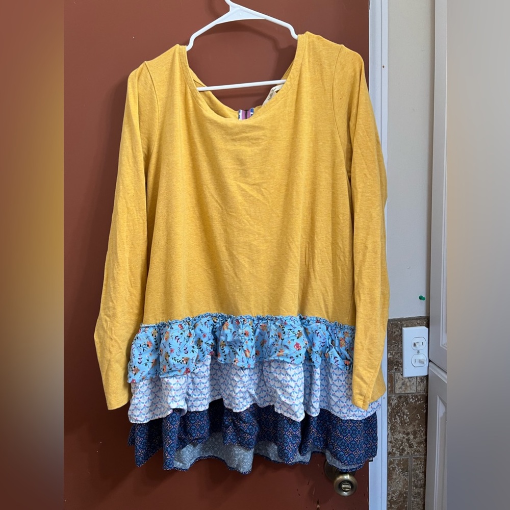 Matilda Jane Mustard Yellow Tiered Ruffle Blouse with Blue Floral Trim